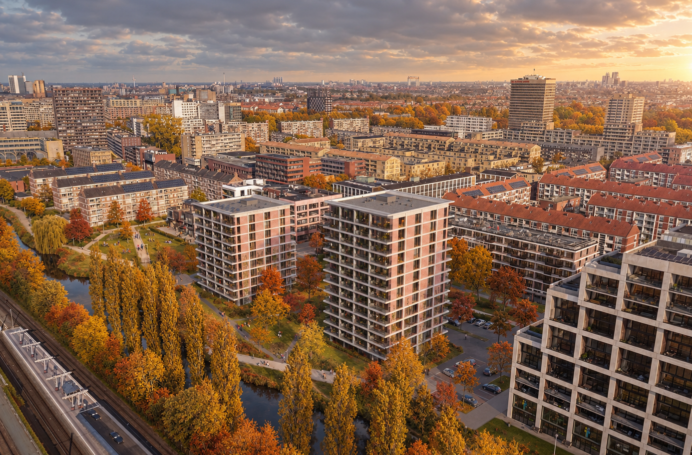 Stedelijk herfstpanorama bij zonsondergang